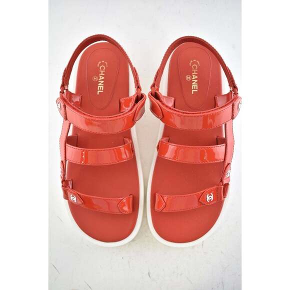 Chanel 20C Red Patent White CC Logo Mule Slide Strap Flat Dad Daddy Sandal 40 - Picture 4 of 8
